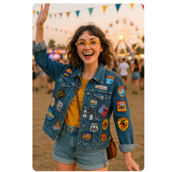 Denim Jacket Patches Route 66 Queen Band Travel USA Rock Boho Trucker Sz L - Picture 2 of 16